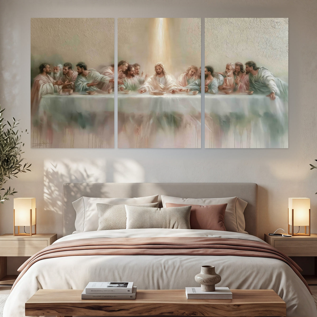 The Last Supper painting set of 3 poster prints in a bedroom above the bed