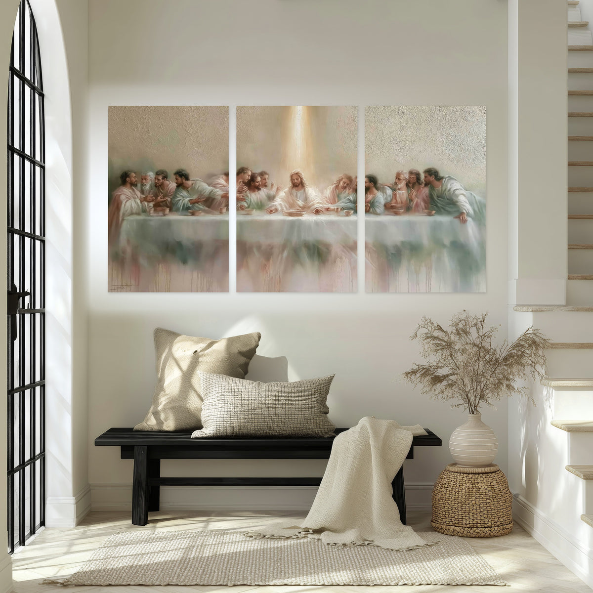 The Last Supper painting set of 3 poster prints in an entryway above a bench
