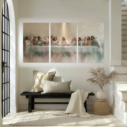 The Last Supper painting set of 3 poster prints in an entryway above a bench