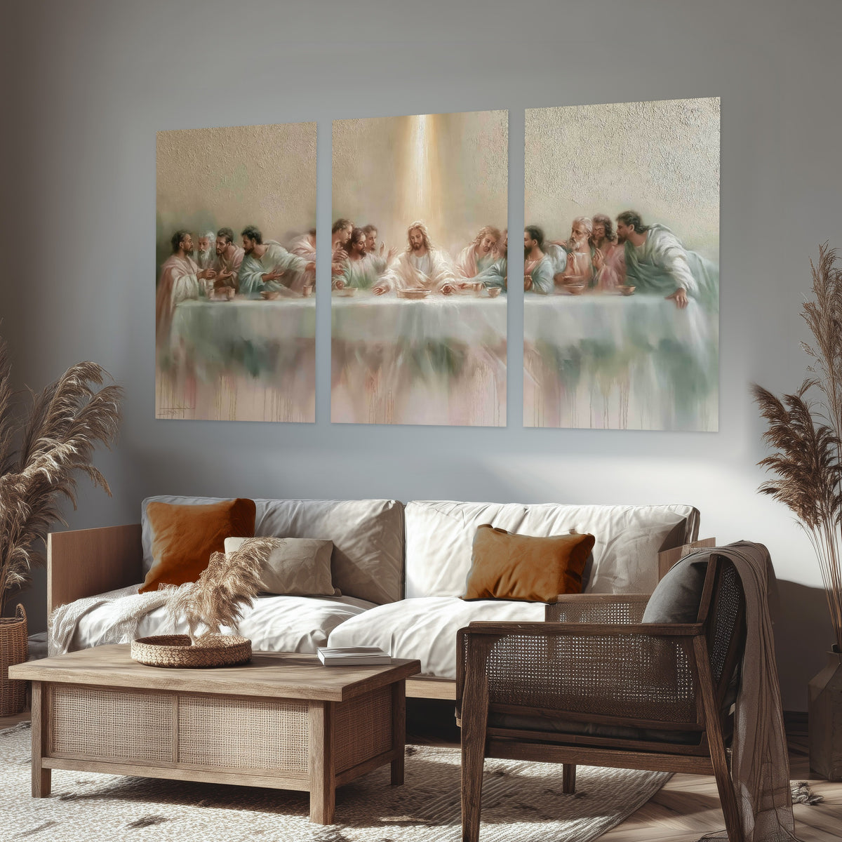 The Last Supper painting set of 3 poster prints in a rustic living room