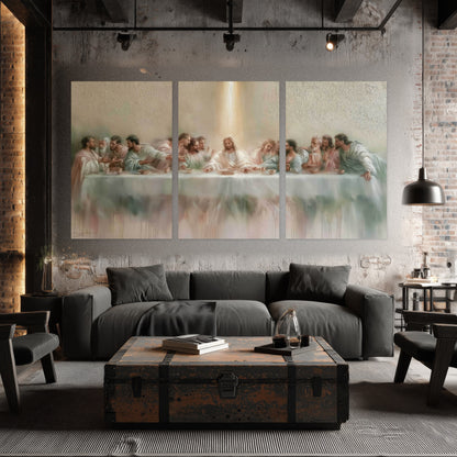 The Last Supper painting set of 3 poster prints in an industrial loft