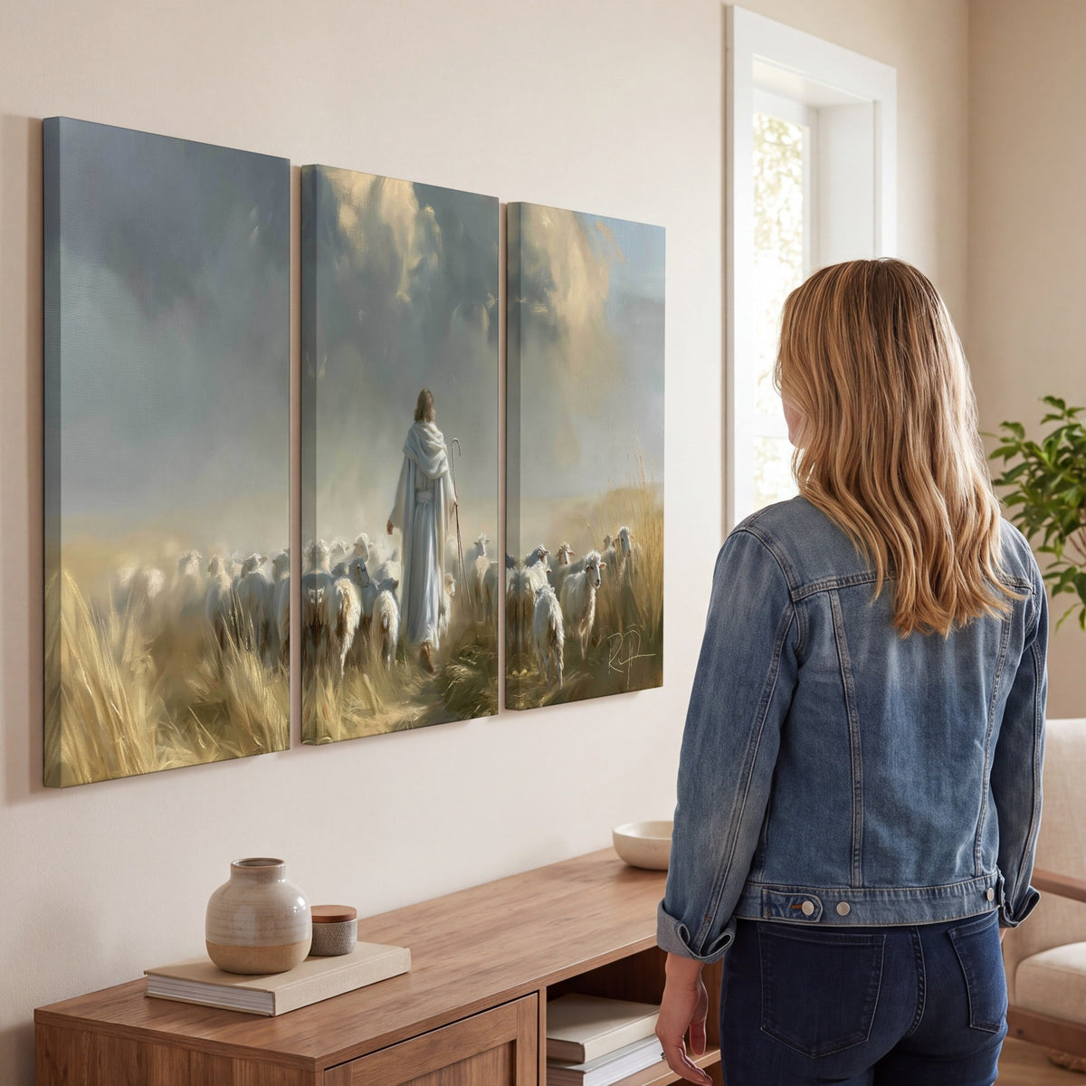 Jesus the Good Shepherd painting 3 piece canvas wall art in a living room