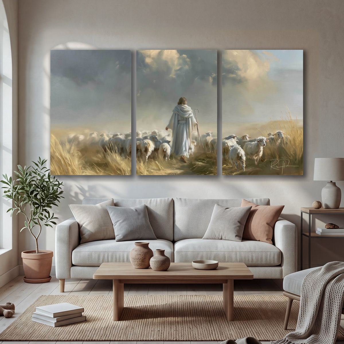 Jesus the Good Shepherd painting 3 piece canvas wall art in a bright living room