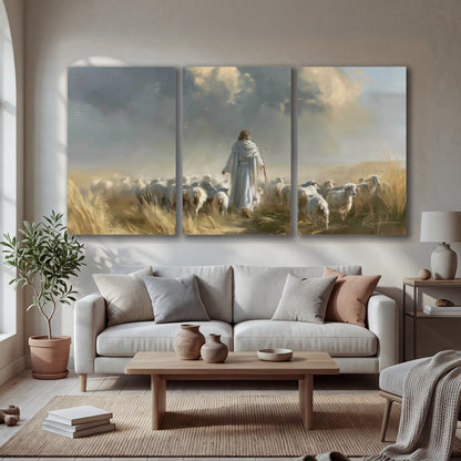Jesus the Good Shepherd painting 3 piece canvas wall art in a bright living room