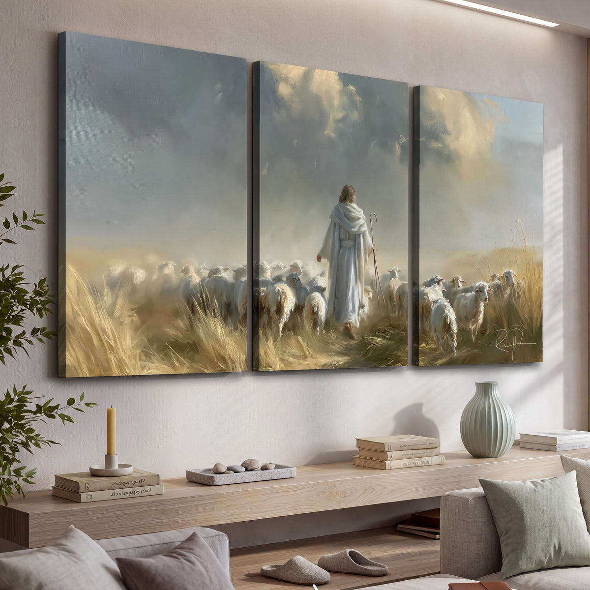 Jesus the Good Shepherd painting 3 piece canvas wall art in a living room above a console