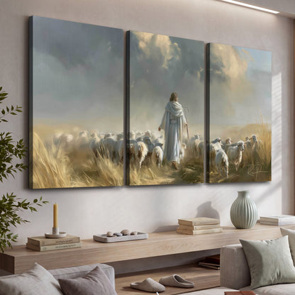 Jesus the Good Shepherd painting 3 piece canvas wall art in a living room above a console