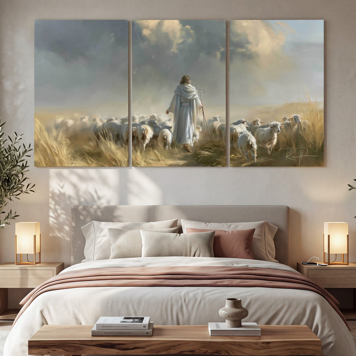 Jesus the Good Shepherd painting 3 piece canvas wall art in a bedroom above the bed