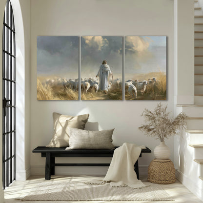 Jesus the Good Shepherd painting 3 piece canvas wall art in an entryway above a bench