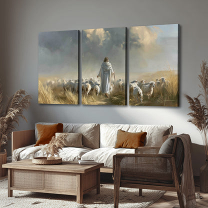 Jesus the Good Shepherd painting 3 piece canvas wall art in a rustic living room