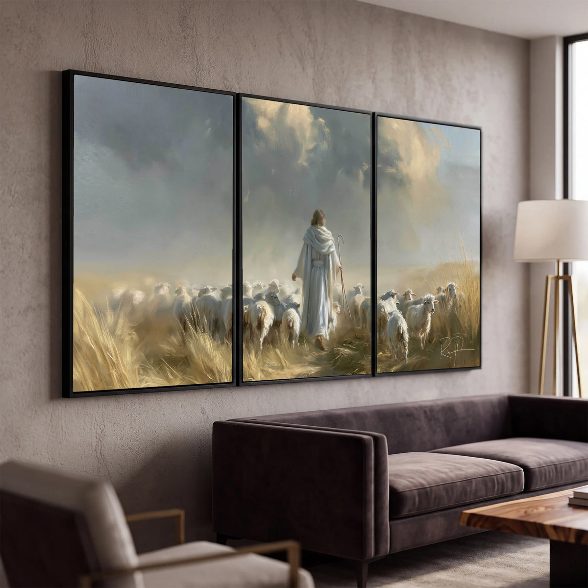 Jesus the Good Shepherd painting 3 piece canvas wall art in a modern living room