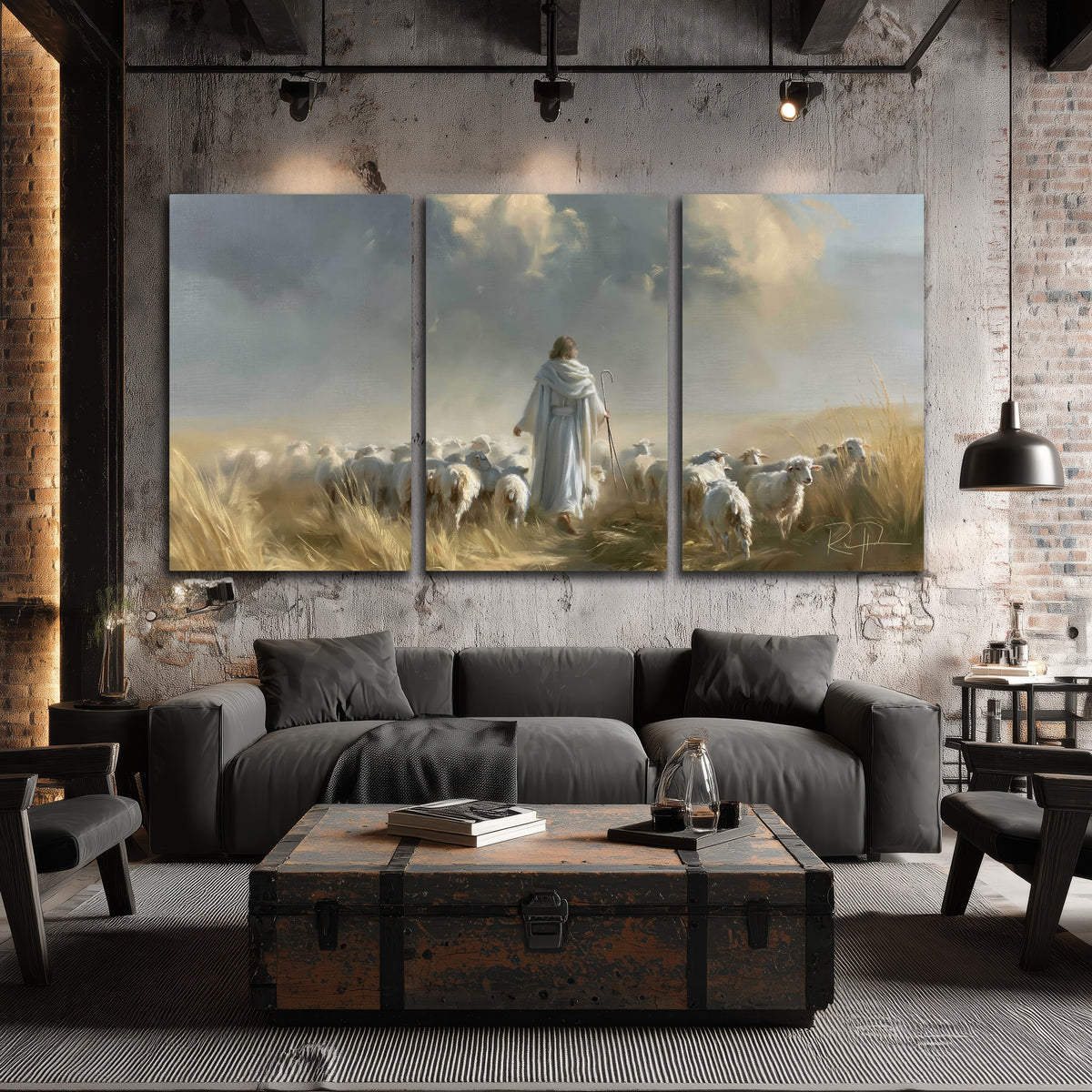 Jesus the Good Shepherd painting 3 piece canvas wall art in an industrial loft