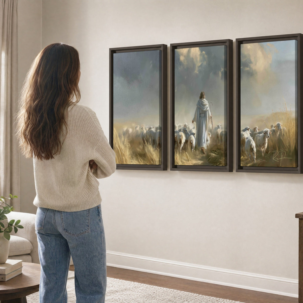 Jesus the Good Shepherd painting 3 piece framed canvas in a living room