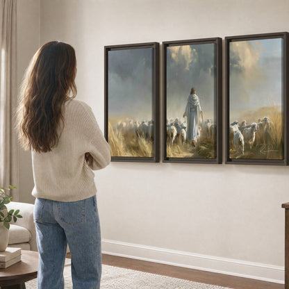 Jesus the Good Shepherd painting 3 piece framed canvas in a living room