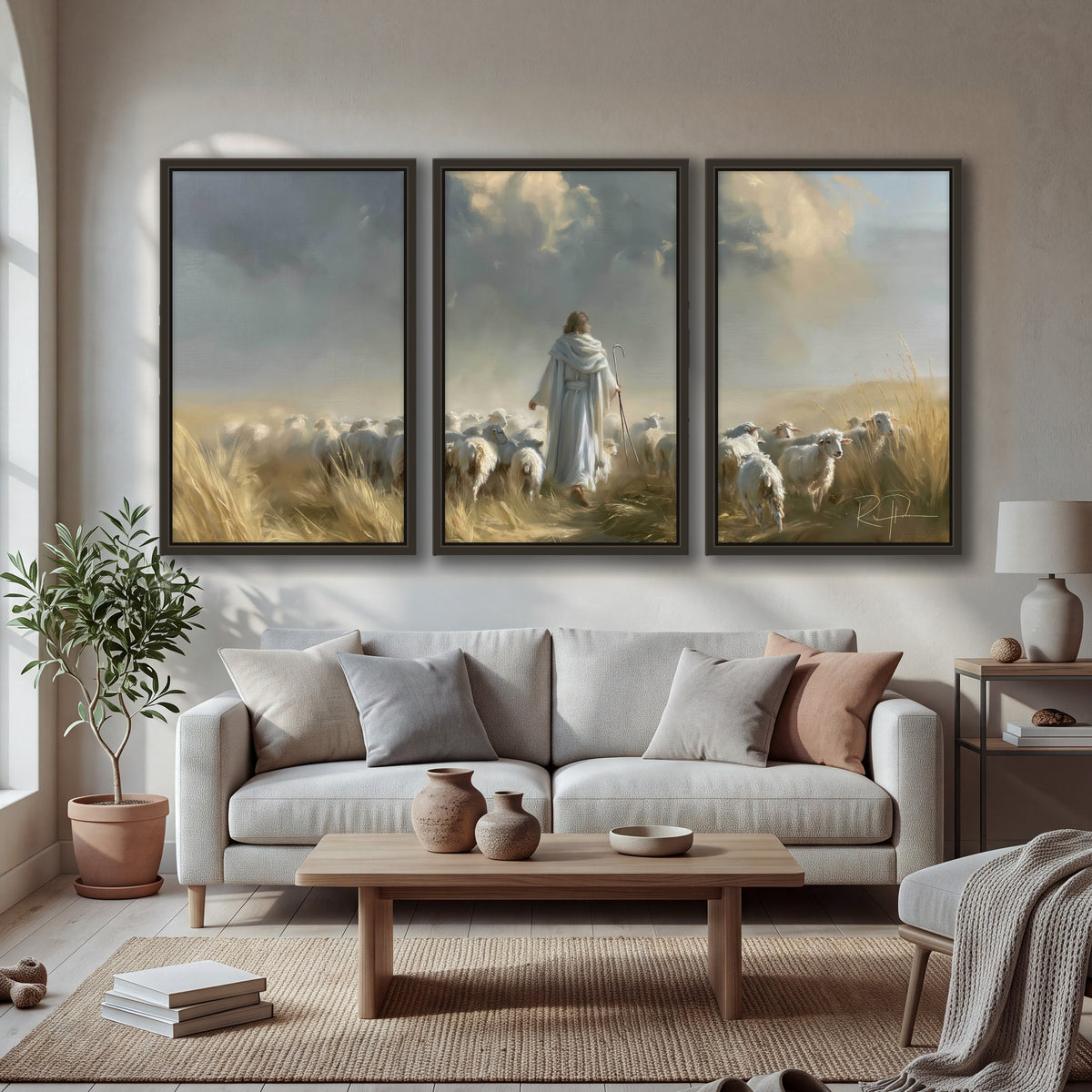 Jesus the Good Shepherd painting 3 piece framed canvas in a bright living room