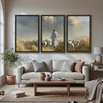Jesus the Good Shepherd painting 3 piece framed canvas in a bright living room