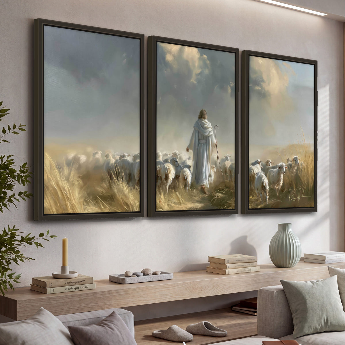 Jesus the Good Shepherd painting 3 piece framed canvas in a living room above a console