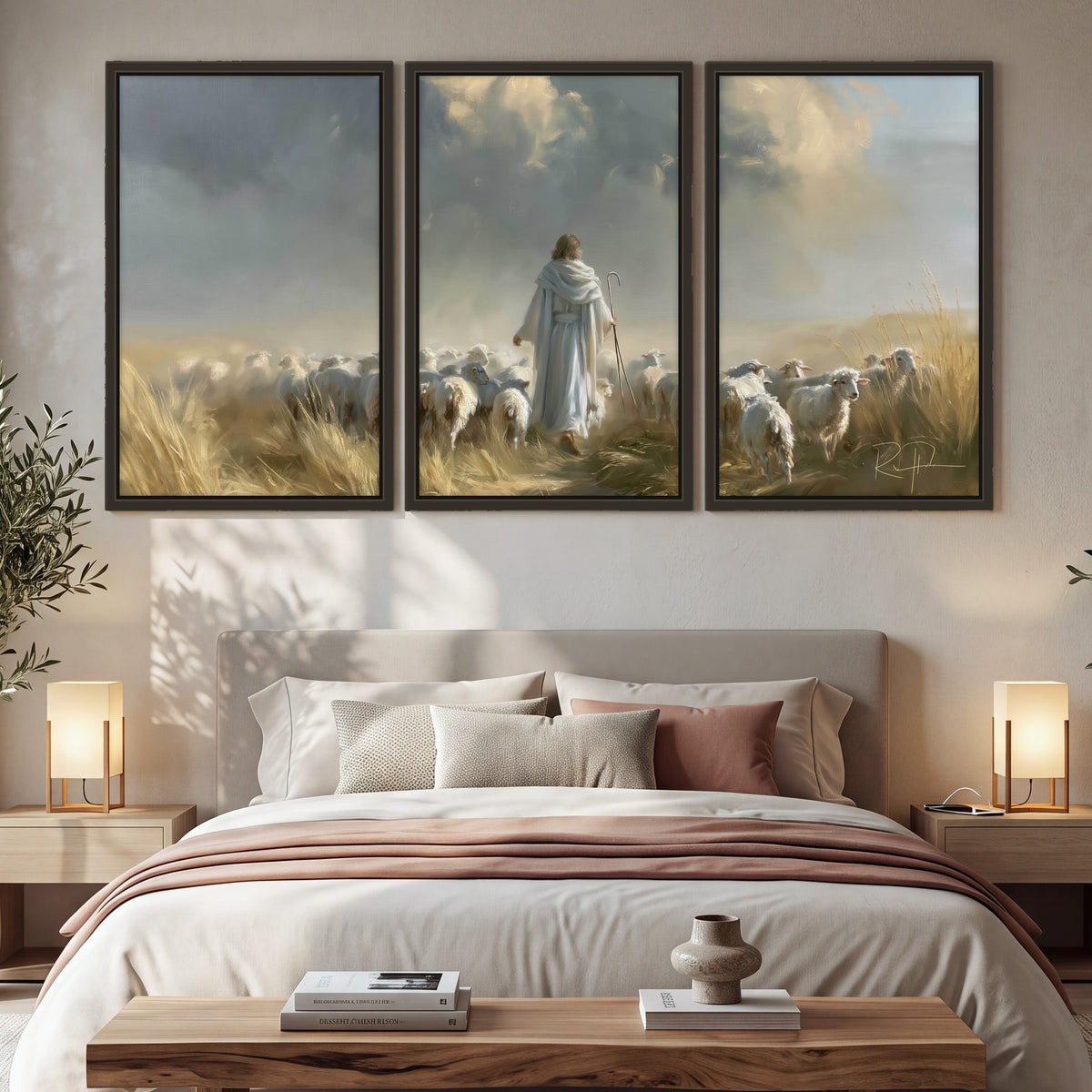 Jesus the Good Shepherd painting 3 piece framed canvas in a bedroom above the bed
