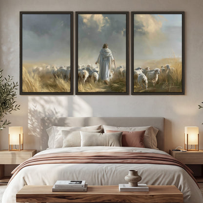 Jesus the Good Shepherd painting 3 piece framed canvas in a bedroom above the bed