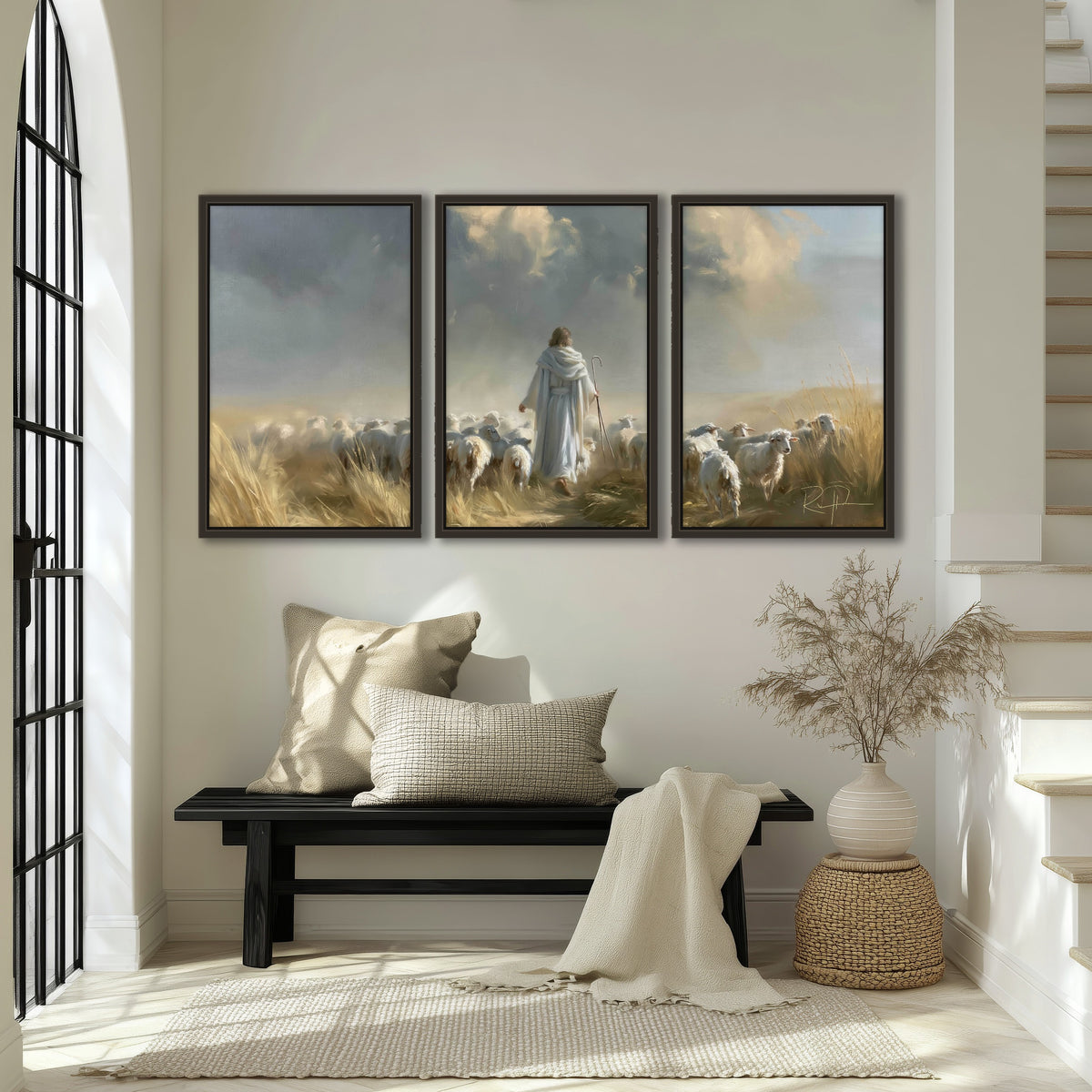 Jesus the Good Shepherd painting 3 piece framed canvas in an entryway above a bench