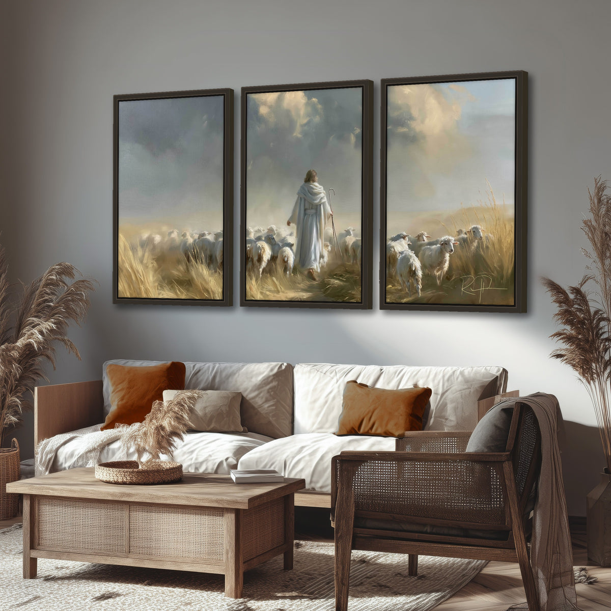 Jesus the Good Shepherd painting 3 piece framed canvas in a rustic living room