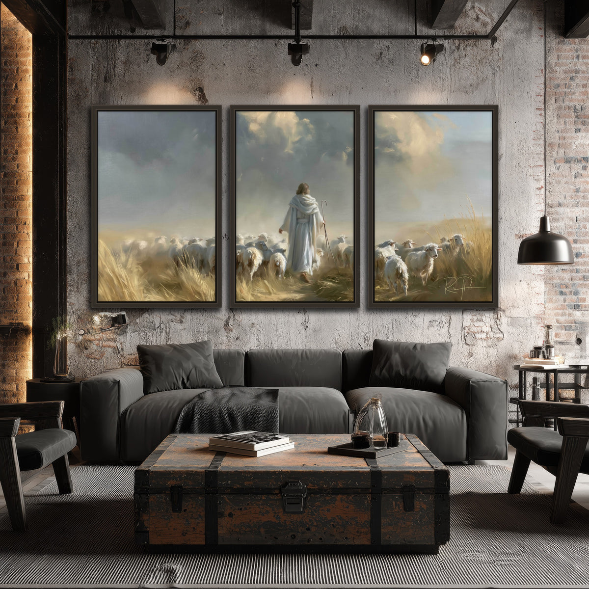 Jesus the Good Shepherd painting 3 piece framed canvas in an industrial loft