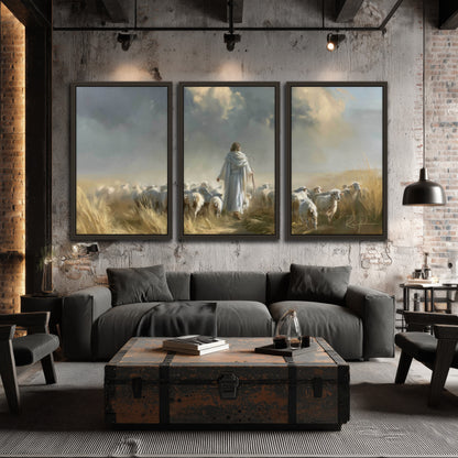 Jesus the Good Shepherd painting 3 piece framed canvas in an industrial loft