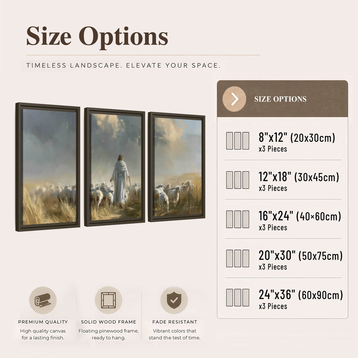 Jesus the Good Shepherd painting 3 piece framed canvas size options