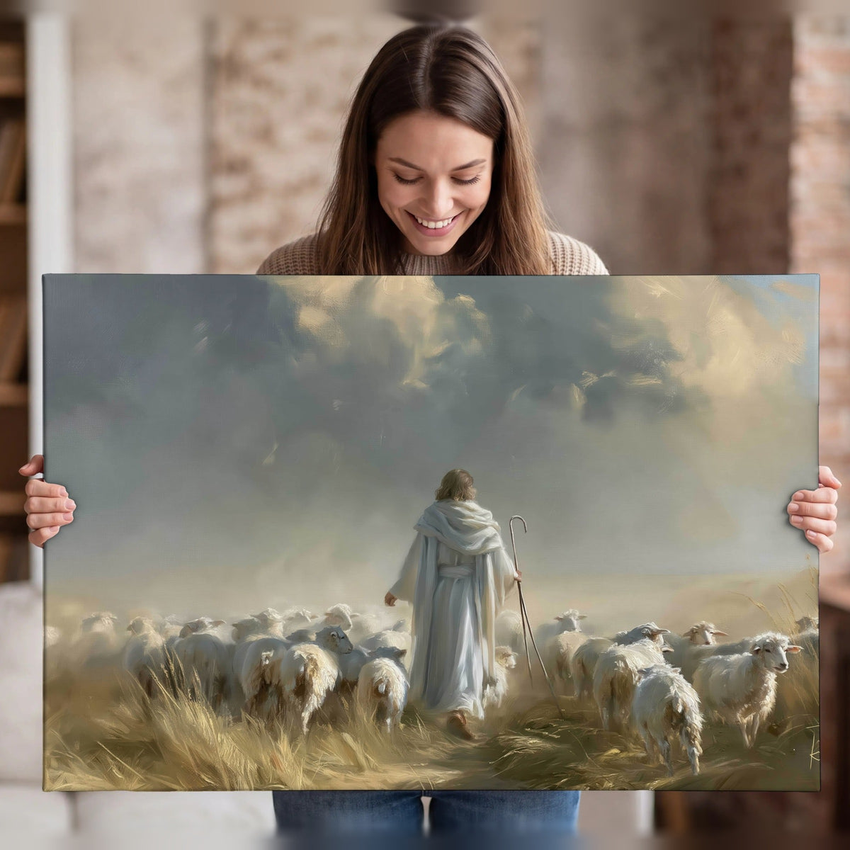 Jesus the Good Shepherd painting canvas wall art held in hands
