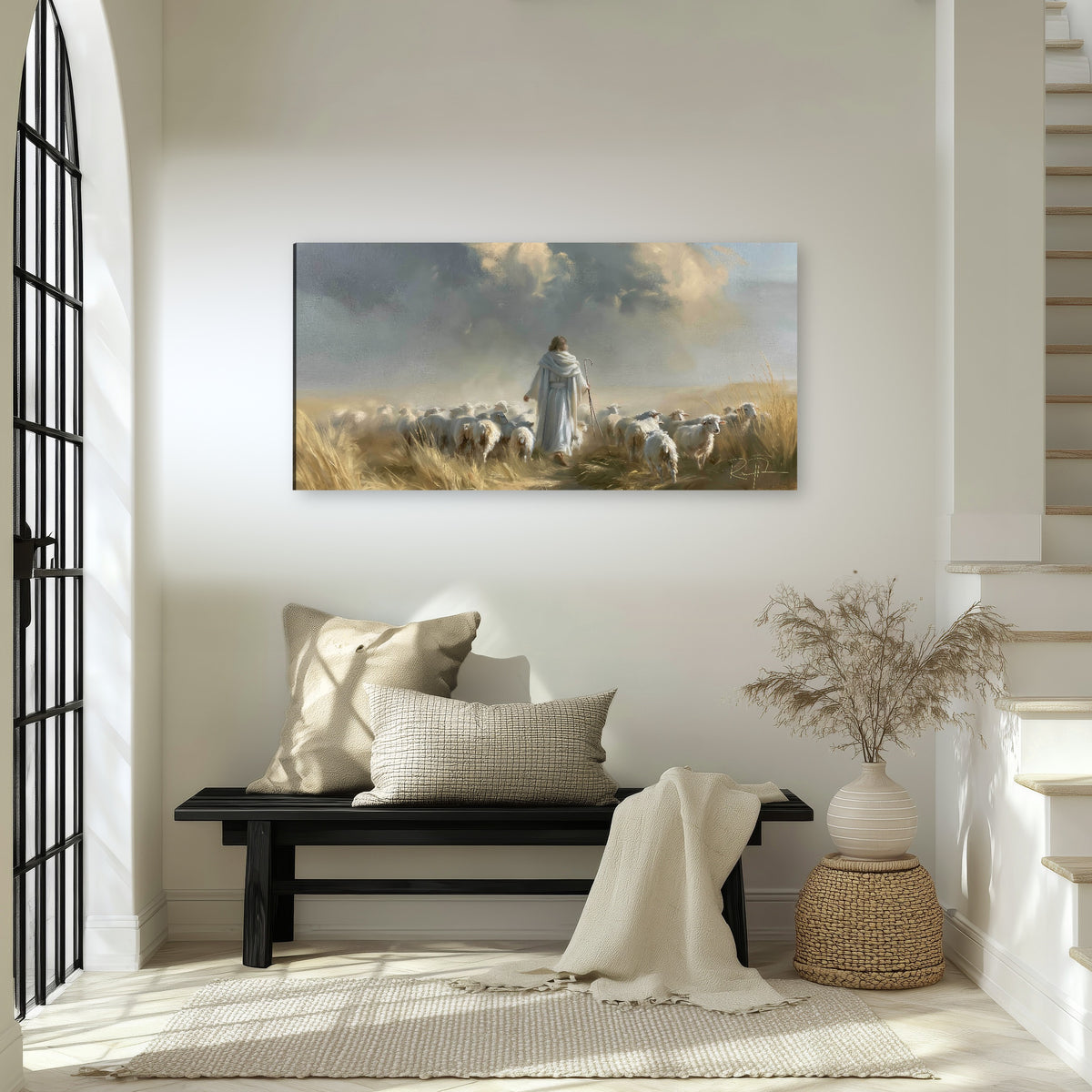 Jesus the Good Shepherd painting canvas wall art in an entryway above a bench