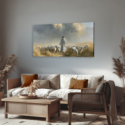 Jesus the Good Shepherd painting canvas wall art in a rustic living room