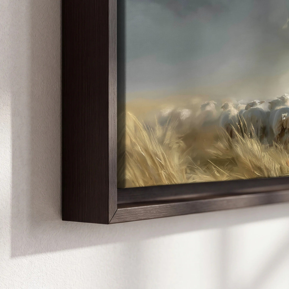 Jesus the Good Shepherd painting framed canvas close-up showing the floating frame