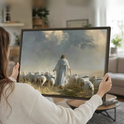 Jesus the Good Shepherd painting framed canvas held in hands