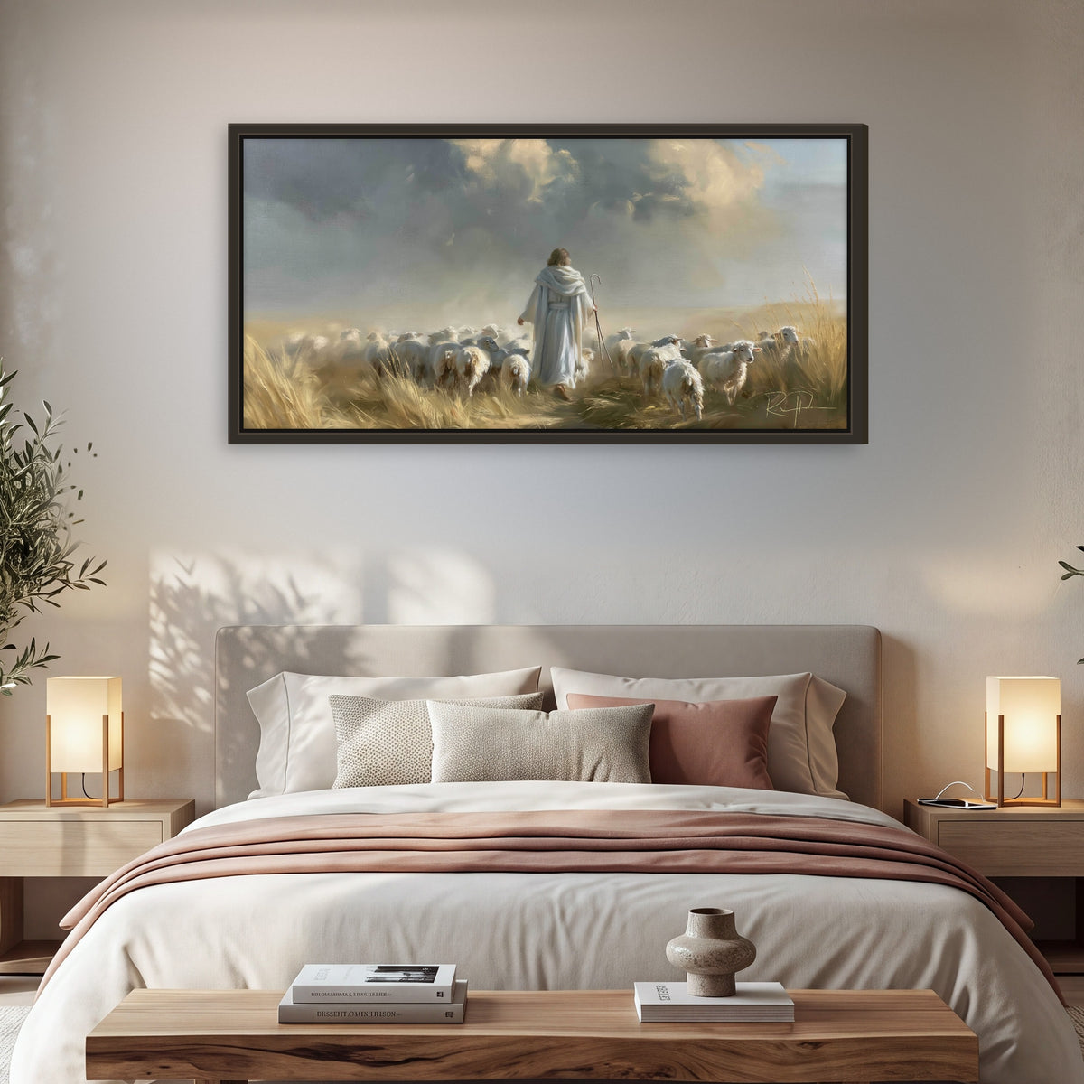Jesus the Good Shepherd painting framed canvas wall art in a bedroom above the bed