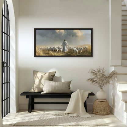 Jesus the Good Shepherd painting framed canvas wall art in an entryway above a bench