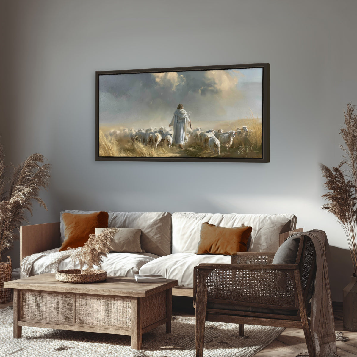 Jesus the Good Shepherd painting framed canvas wall art in a rustic living room