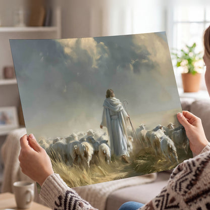 Jesus the Good Shepherd painting poster print held in hands