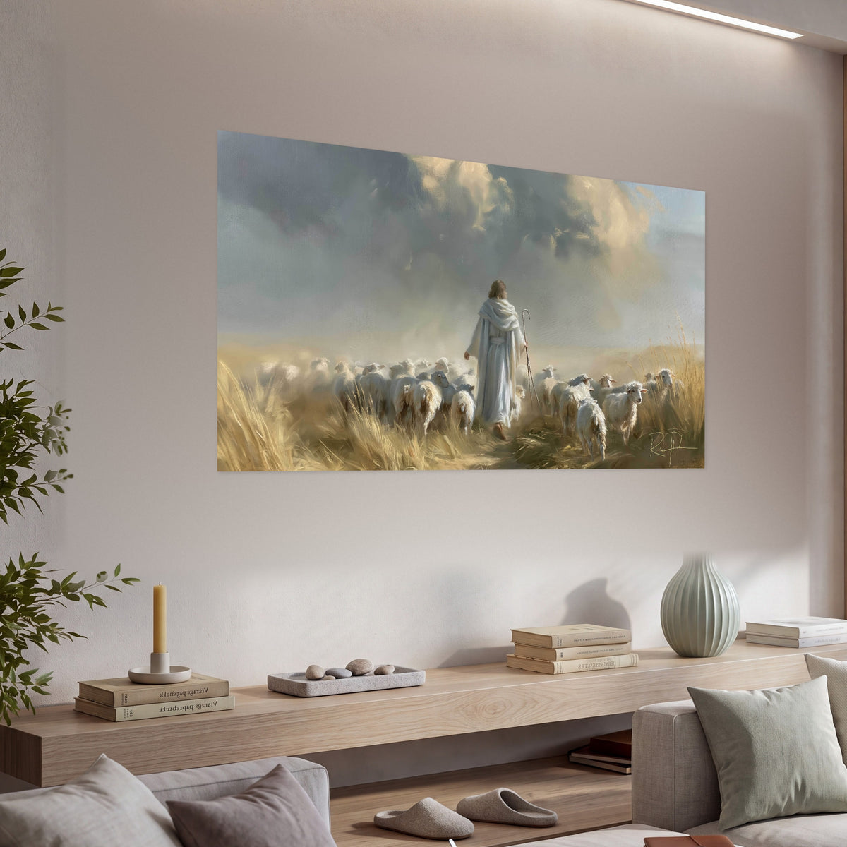 Jesus the Good Shepherd painting poster print in a living room above a console