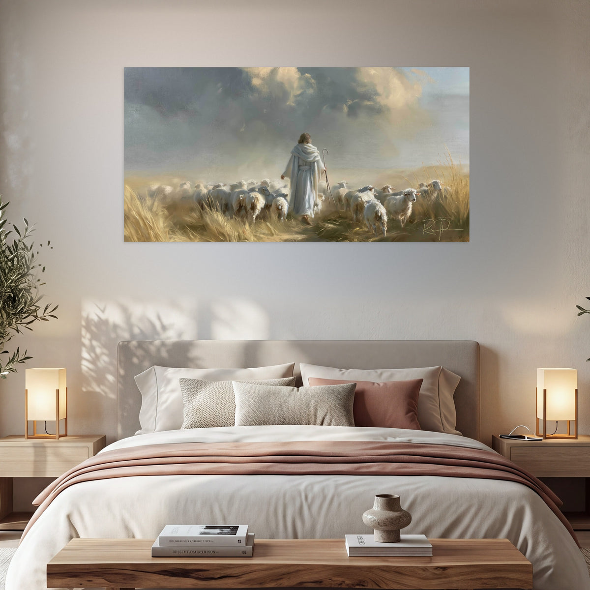 Jesus the Good Shepherd painting poster print in a bedroom above the bed