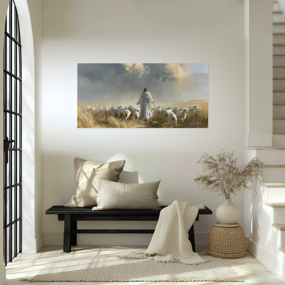 Jesus the Good Shepherd painting poster print in an entryway above a bench