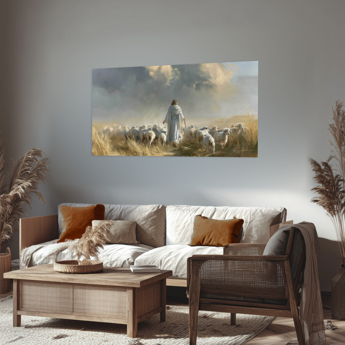 Jesus the Good Shepherd painting poster print in a rustic living room