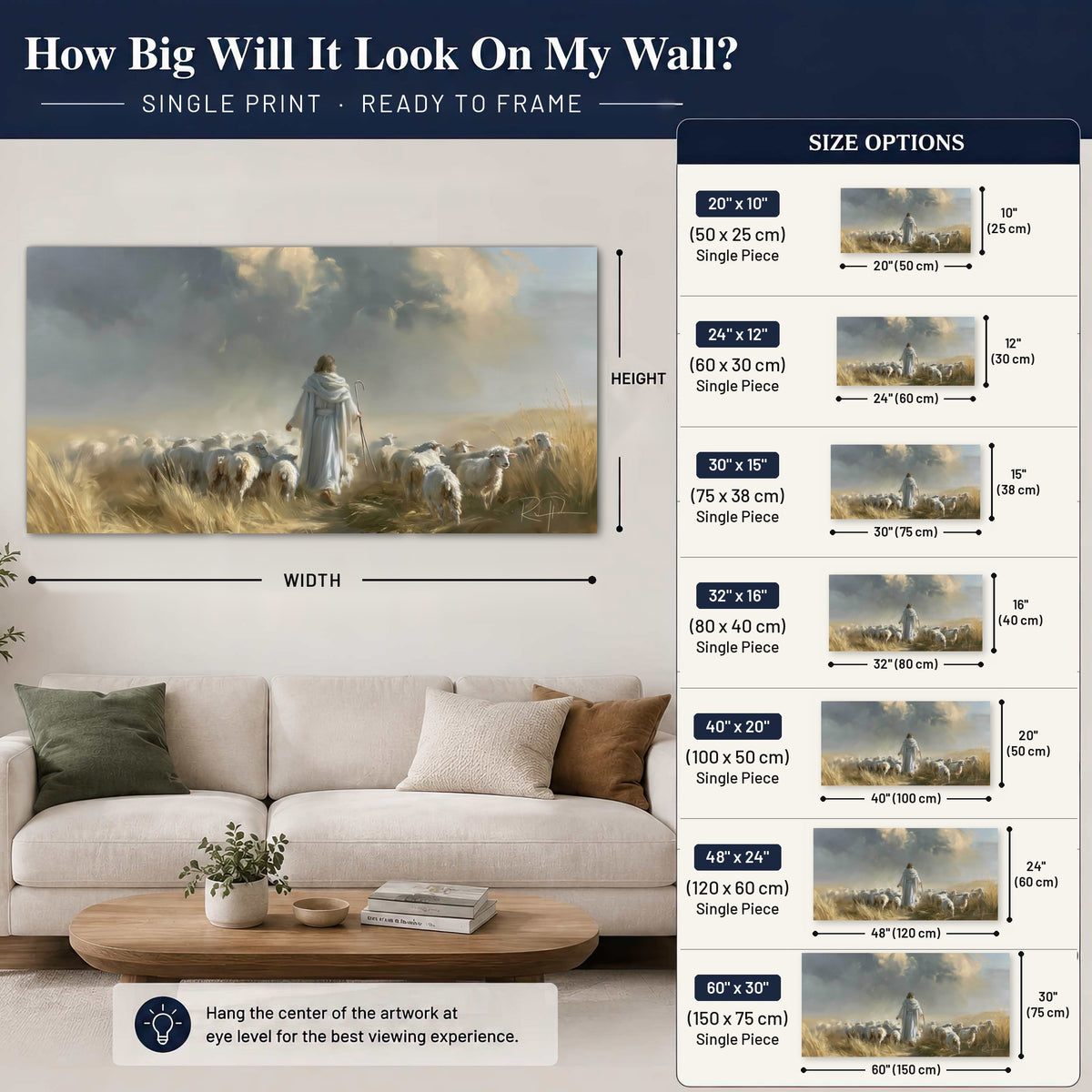 Jesus the Good Shepherd painting poster print size guide above a sofa