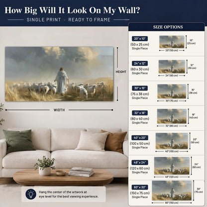 Jesus the Good Shepherd painting poster print size guide above a sofa