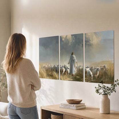 Jesus the Good Shepherd painting set of 3 poster prints in a living room