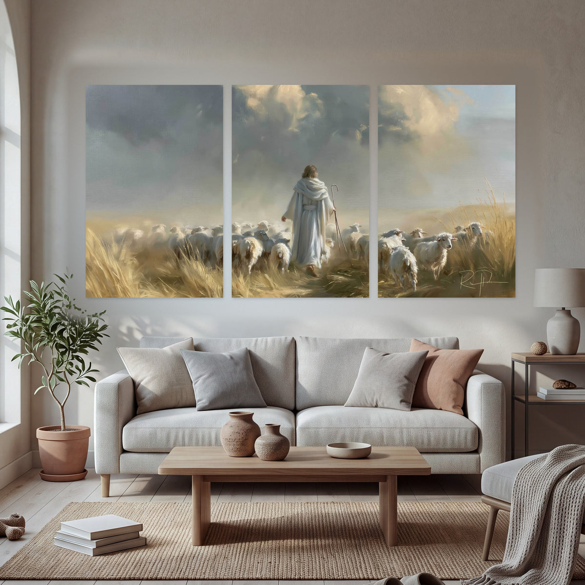 Jesus the Good Shepherd painting set of 3 poster prints in a bright living room