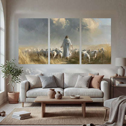 Jesus the Good Shepherd painting set of 3 poster prints in a bright living room