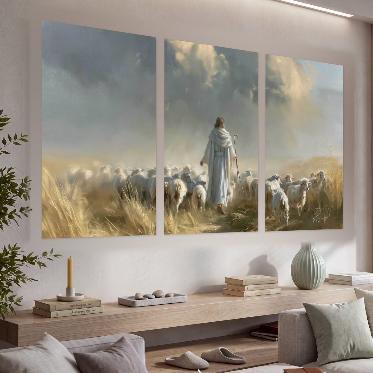 Jesus the Good Shepherd painting set of 3 poster prints in a living room above a console