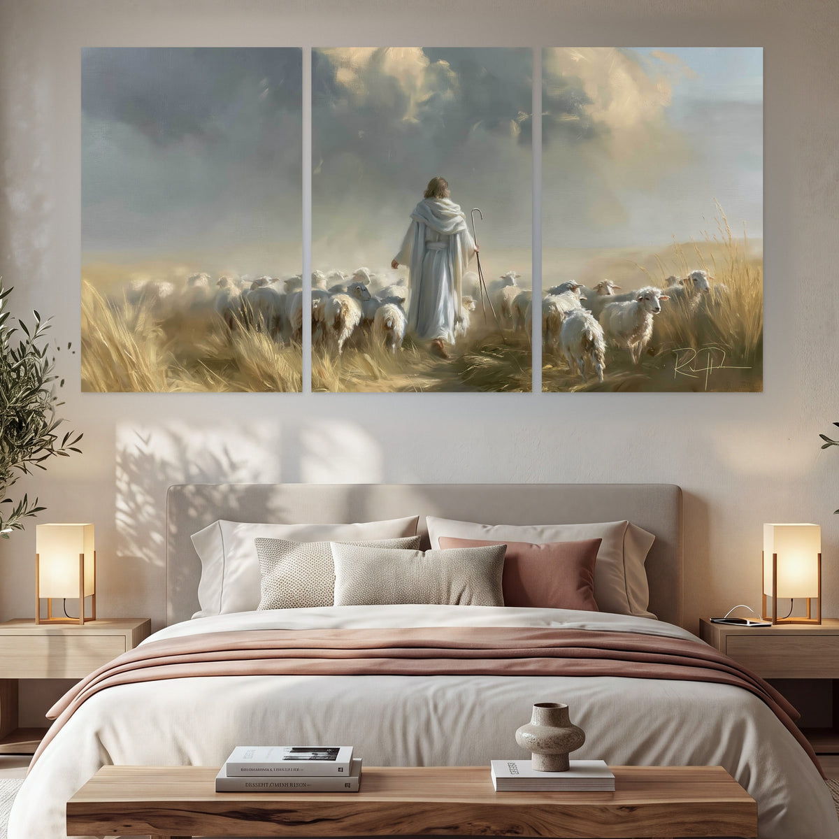 Jesus the Good Shepherd painting set of 3 poster prints in a bedroom above the bed