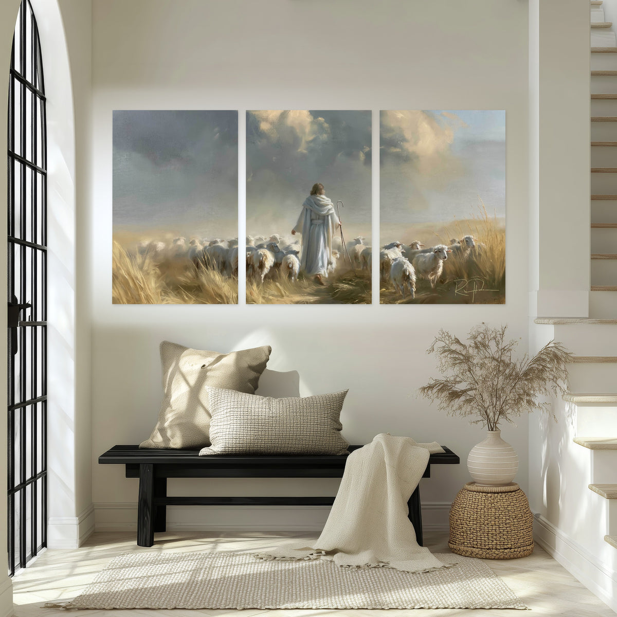 Jesus the Good Shepherd painting set of 3 poster prints in an entryway above a bench