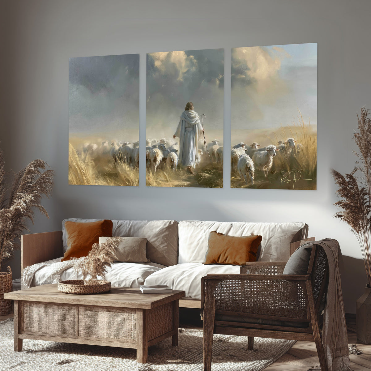 Jesus the Good Shepherd painting set of 3 poster prints in a rustic living room