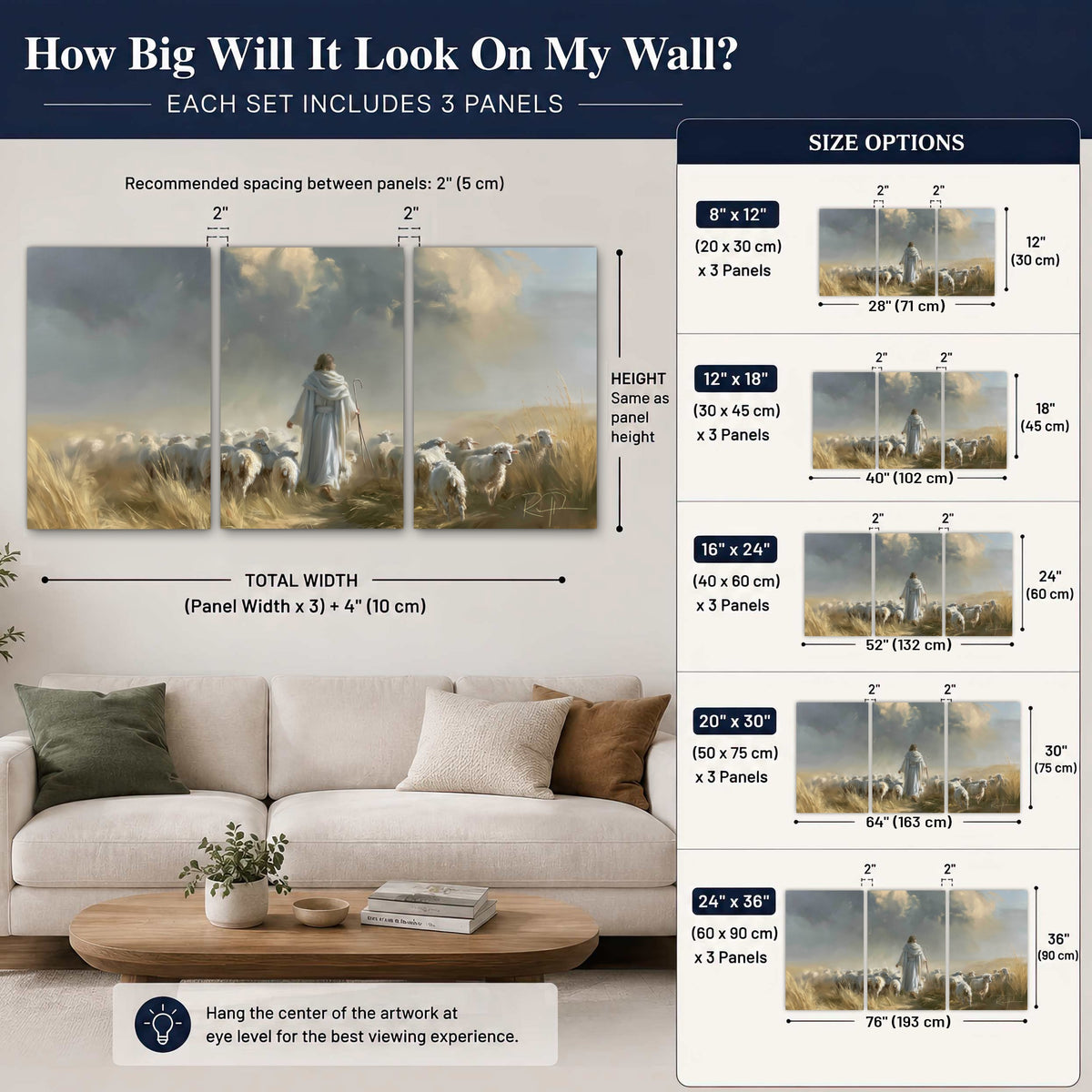 Jesus the Good Shepherd painting set of 3 poster prints size guide above a sofa